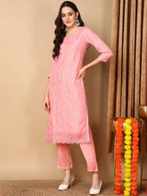 Women Pink Organza Embroidered Straight Kurta Pant Set With Dupatta
